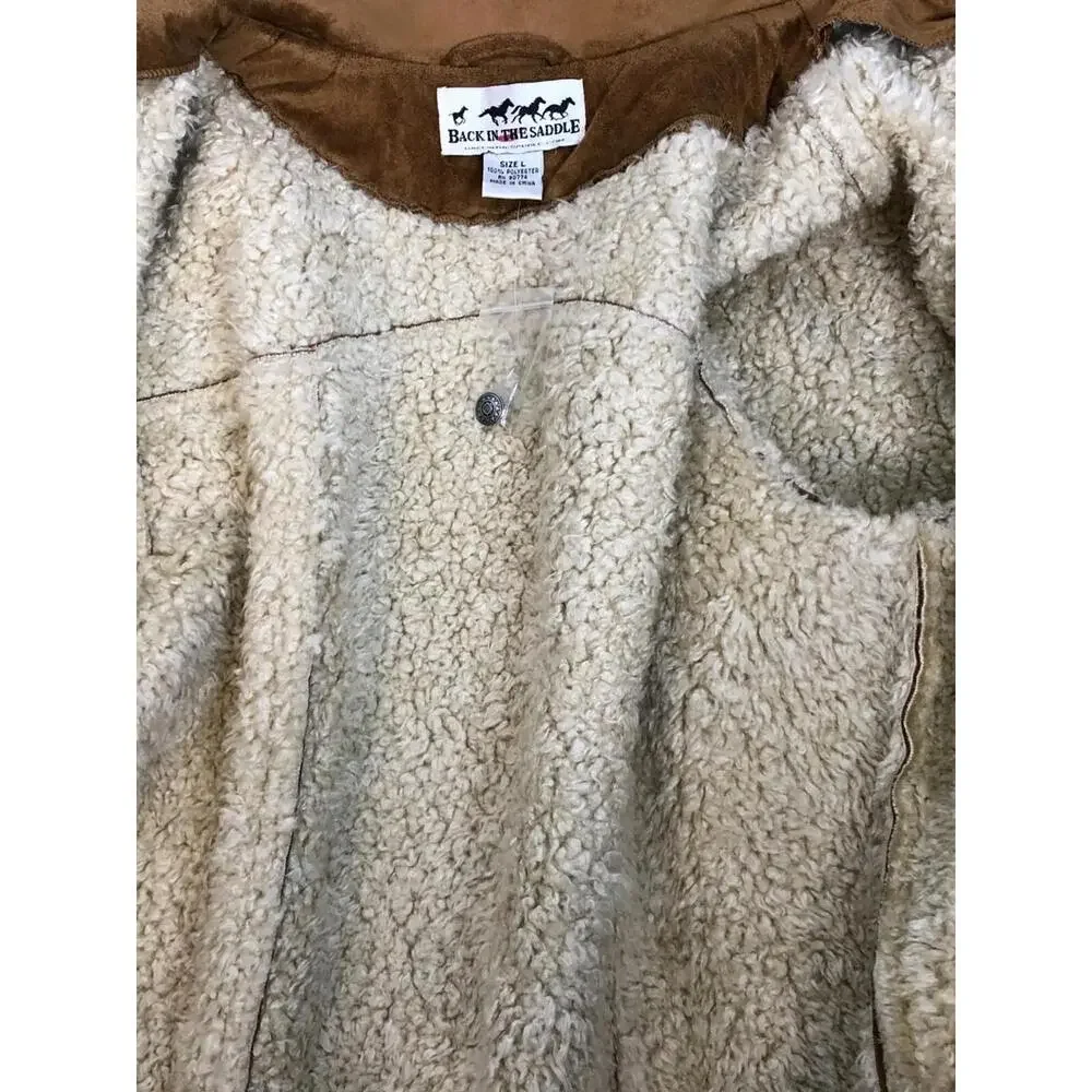 Vtg Back In The Saddle Brown Faux Suede Button Front Sherpa Lined Jacket L NWOT - Picture 6 of 7